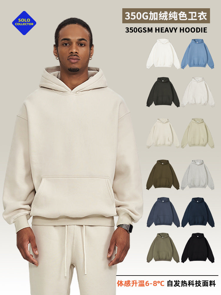 2026 Autumn and Winter 350g Fleece-Lined Trendy Brand Hooded Sweatshirt for Men, Solid Color, Loose Fit, Thickened Oversize Jacket, Cross-Border