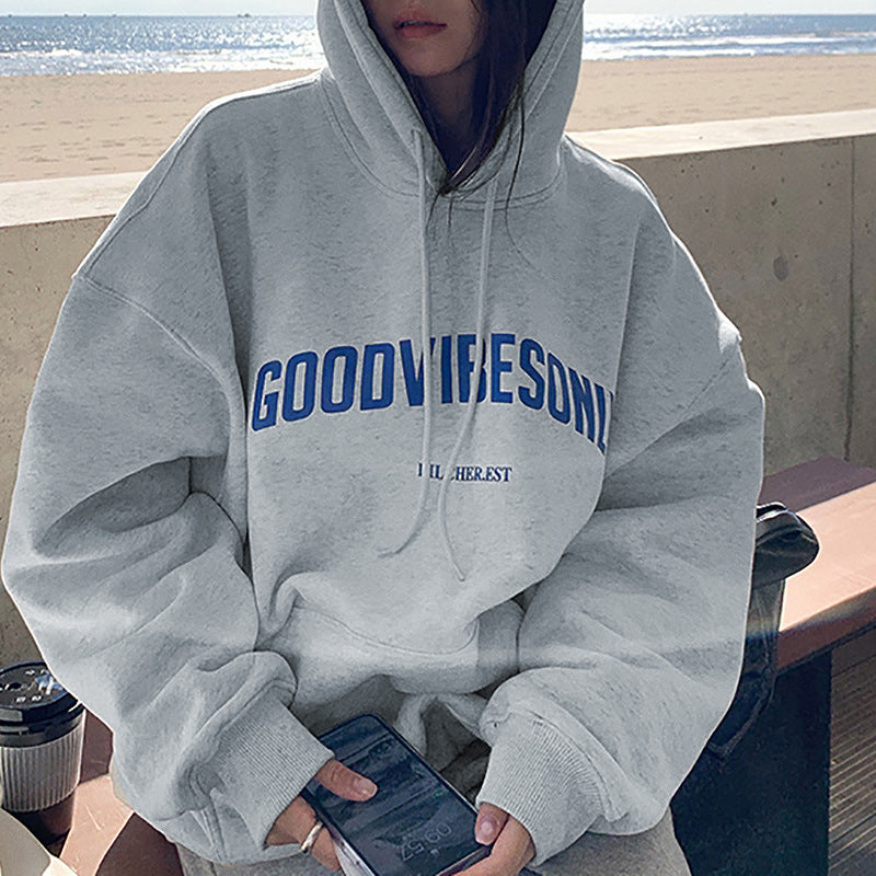 Fleece-lined hooded sweater women's autumn and winter New loose letter print Korean style fashionable student coat long sleeve top fashion