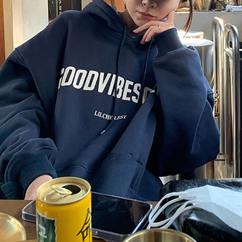 Fleece-lined hooded sweater women's autumn and winter New loose letter print Korean style fashionable student coat long sleeve top fashion