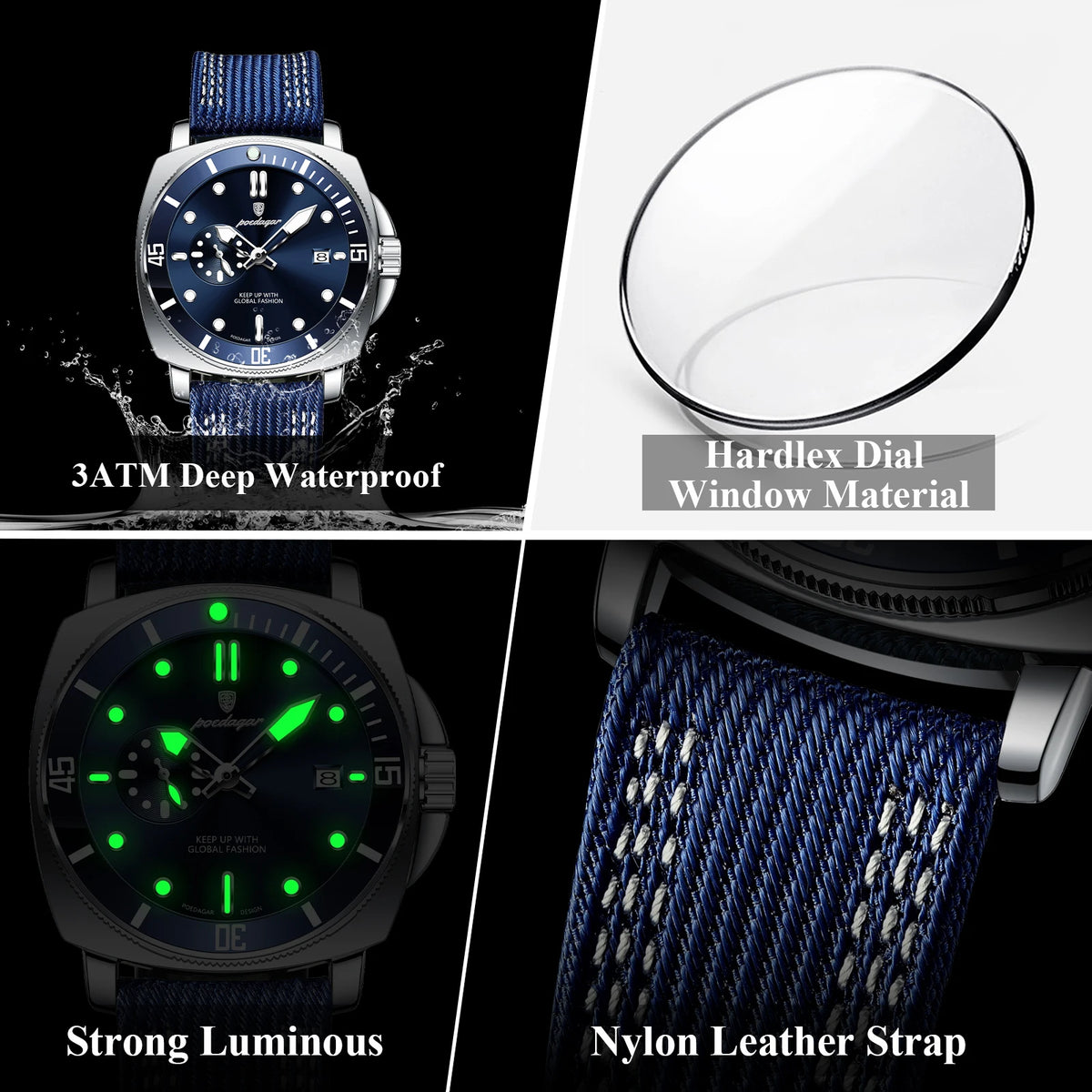 POEDAGAR Fashion Luxury Man Wristwatch Luminous Waterproof Date Sports Watch For Men Business Nylon Leather Quartz Men's Watches